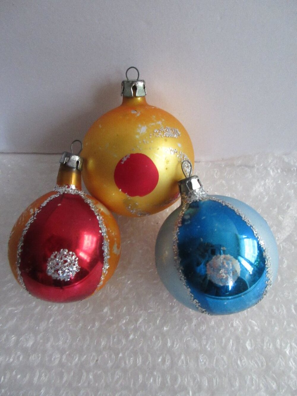 3 Polish Blown Glass Christmas Ornament Hand Painted Poland Glitter Vtg